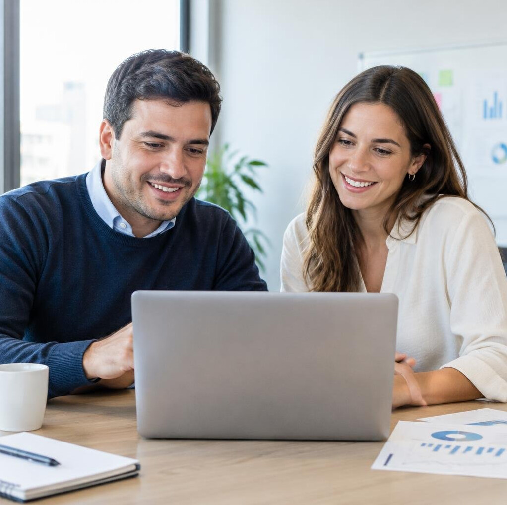 Two colleagues reviewing charts together on a laptop in a bright office