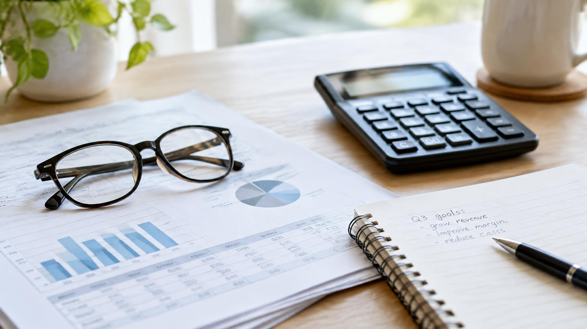 Desk with pension documents, glasses, calculator and a notebook