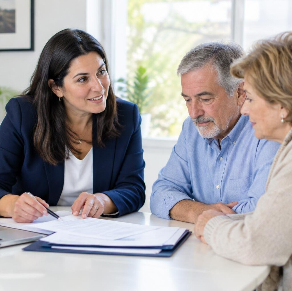 Financial advisor talking with a senior couple at a table with documents